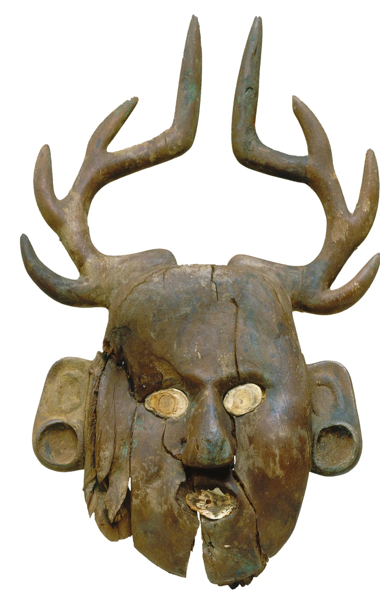 Wooden mask depicting human face with antlers